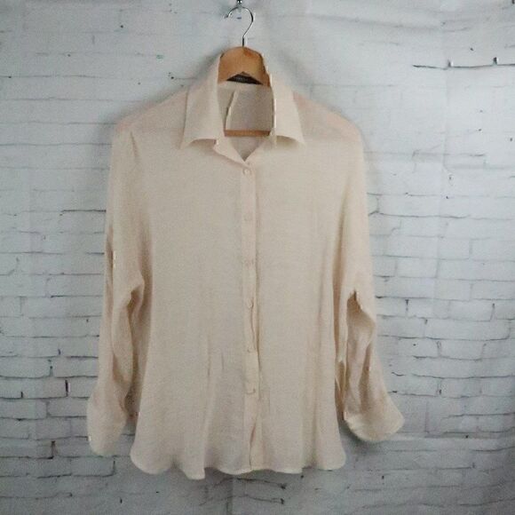 YUEJIEER BLUSH PINK LONG SLEEVE BUTTON DOWN COTTON BLOUSE SIZE XL - Picture 1 of 10